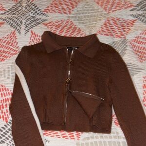 Brown Zip-Up Sweater with White Stripe